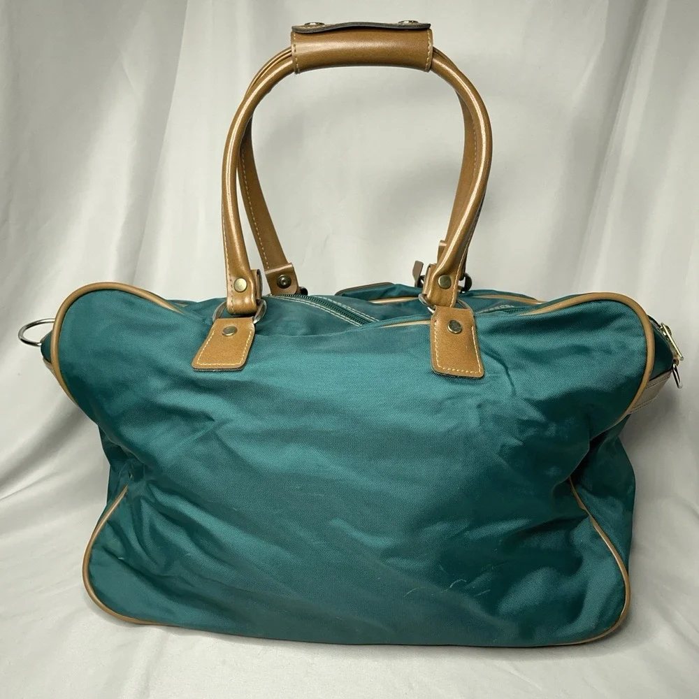Vintage Jaguar Canvas Leather Duffle Bag Green Medium Large 90s Travel Luggage